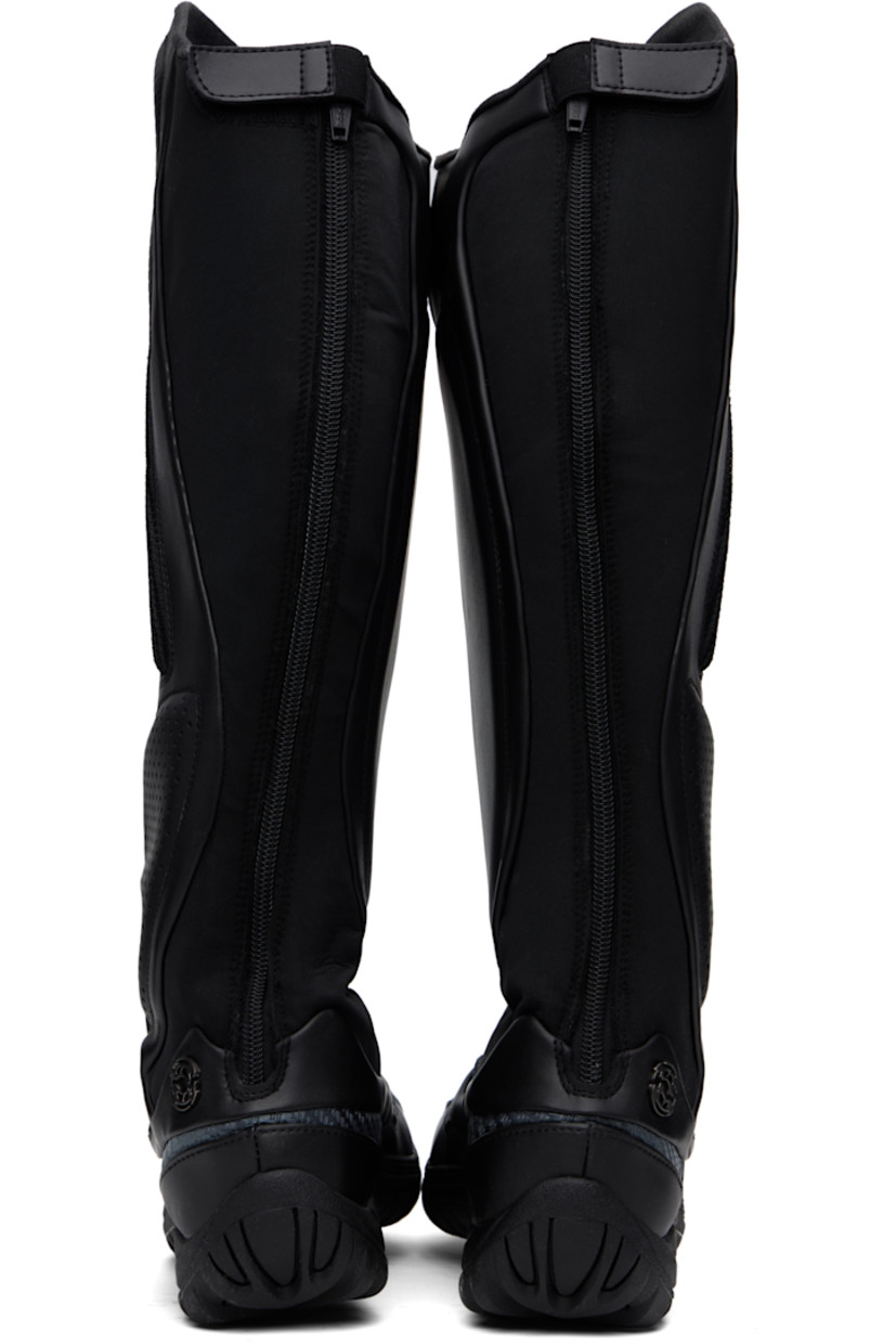 Calf-high buffed faux-leather, bonded jersey, and mesh boots in black.

· Leap® Beyond Leather
· Inset padded panels throughout
· Perforated panel at outer side
· Rubber logo patch at outer side
· Zip closure at heel 
· Velcro fastening at heel tab
· Logo hardware at heel counter
· Lugged Vibram® rubber sole

Supplier color: Black