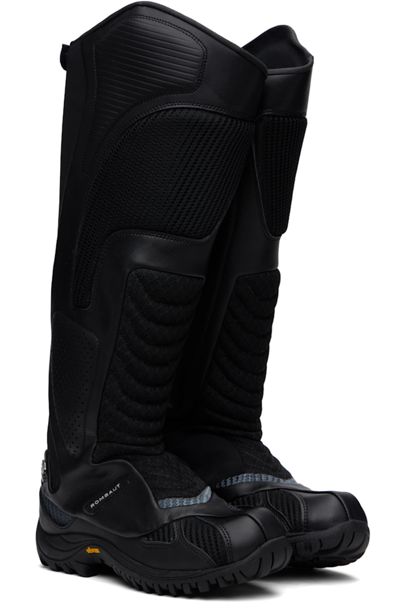 Calf-high buffed faux-leather, bonded jersey, and mesh boots in black.

· Leap® Beyond Leather
· Inset padded panels throughout
· Perforated panel at outer side
· Rubber logo patch at outer side
· Zip closure at heel 
· Velcro fastening at heel tab
· Logo hardware at heel counter
· Lugged Vibram® rubber sole

Supplier color: Black