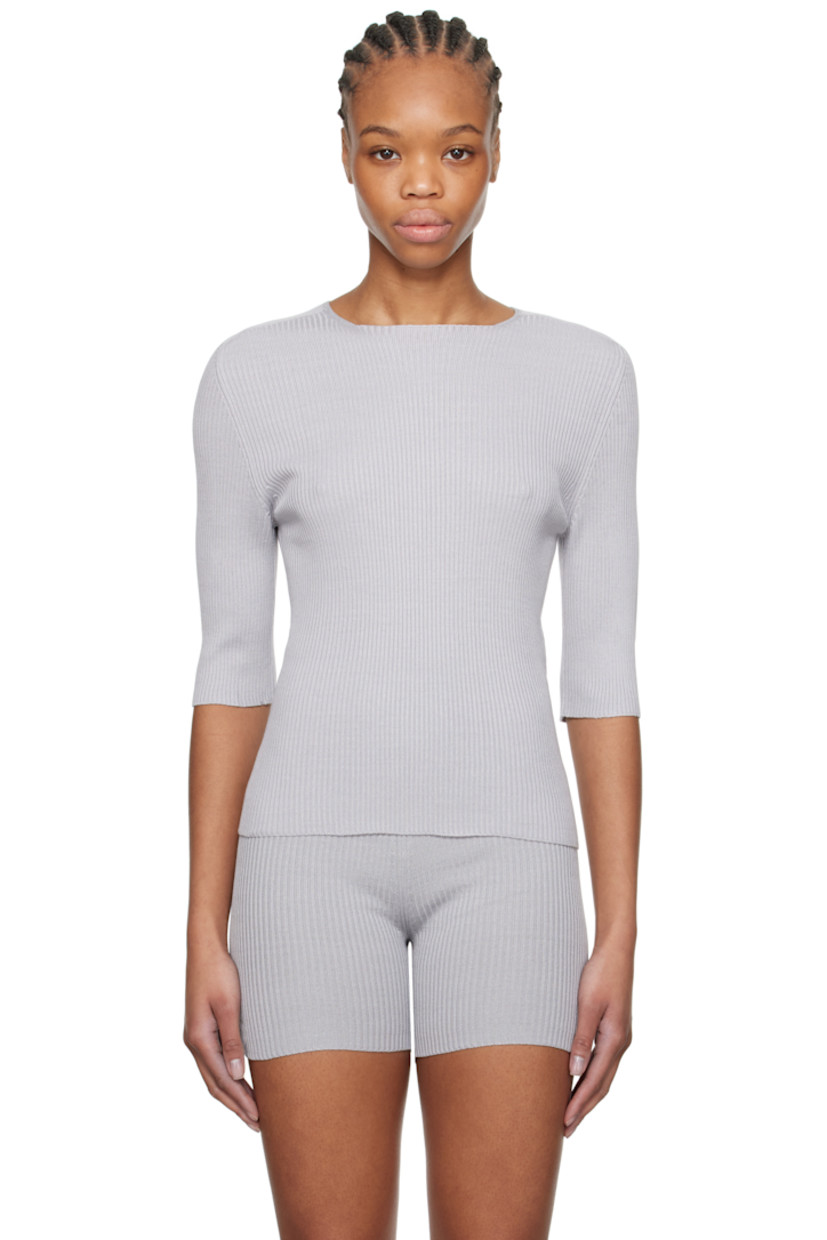 Rib-knit silk T-shirt.

· Square neck
· Raglan sleeves

Supplier color: Inox knit