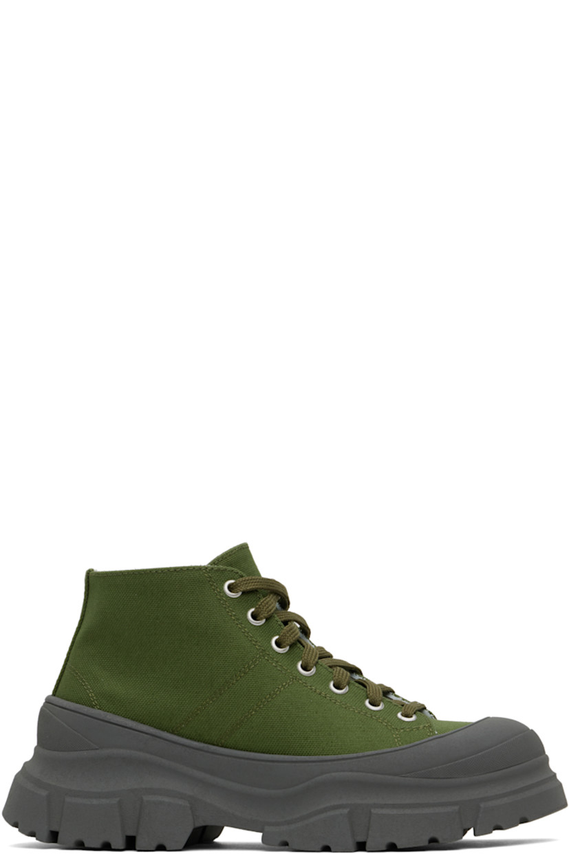 High-top canvas sneakers in green and gray.

· Rubber cap toe
· Lace-up closure
· Grained leather lining
· Lugged rubber platform sole
· Contrast stitching in white
· Platform: H2"

Supplier color: Khaki/Slate