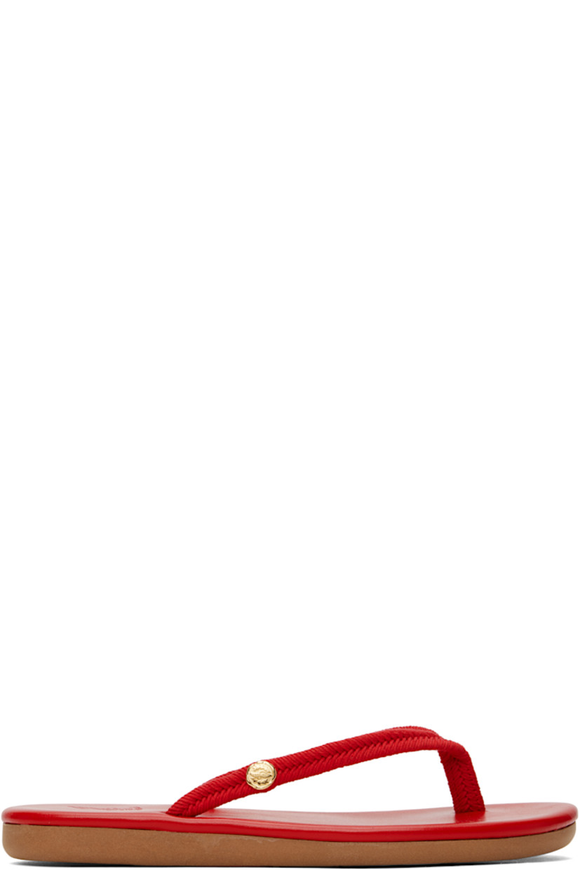 Handcrafted braided cord flip-flops in red.

· Open toe
· Logo hardware at thong-style strap
· Logo embossed at padded leather footbed
· Treaded rubber sole

Supplier color: Red