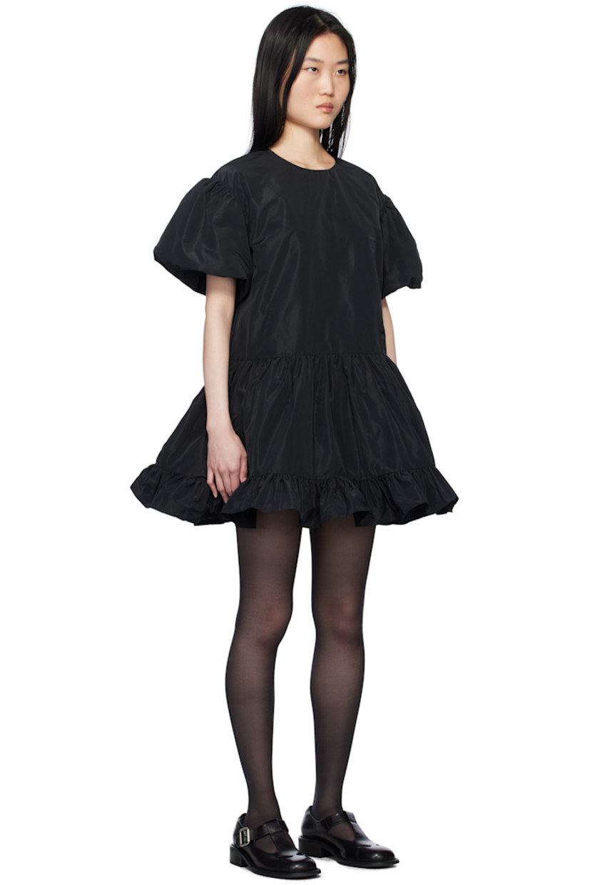Boxy-fit polyester taffeta minidress. Gathering throughout.

· Crewneck
· Dropped waist
· Ruffle trim at hem
· Puff sleeves
· Concealed zip closure at back
· Tulle underlay
· Full logo-woven satin lining

Supplier color: Black