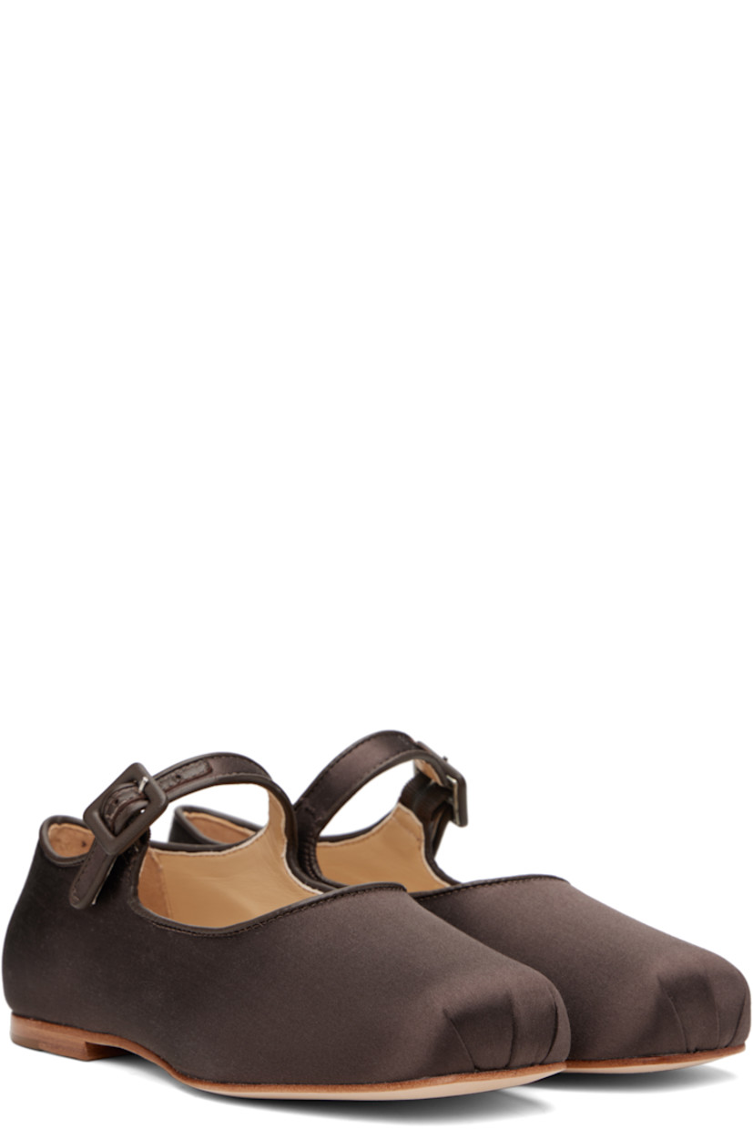 Satin Mary Jane-style ballerina flats in brown.

· Square toe
· Partially elasticized pin-buckle strap at vamp
· Buffed leather trim at collar and heel
· Stacked leather heel with rubber injection
· Nubuck sole

Supplier color: Brunette satin