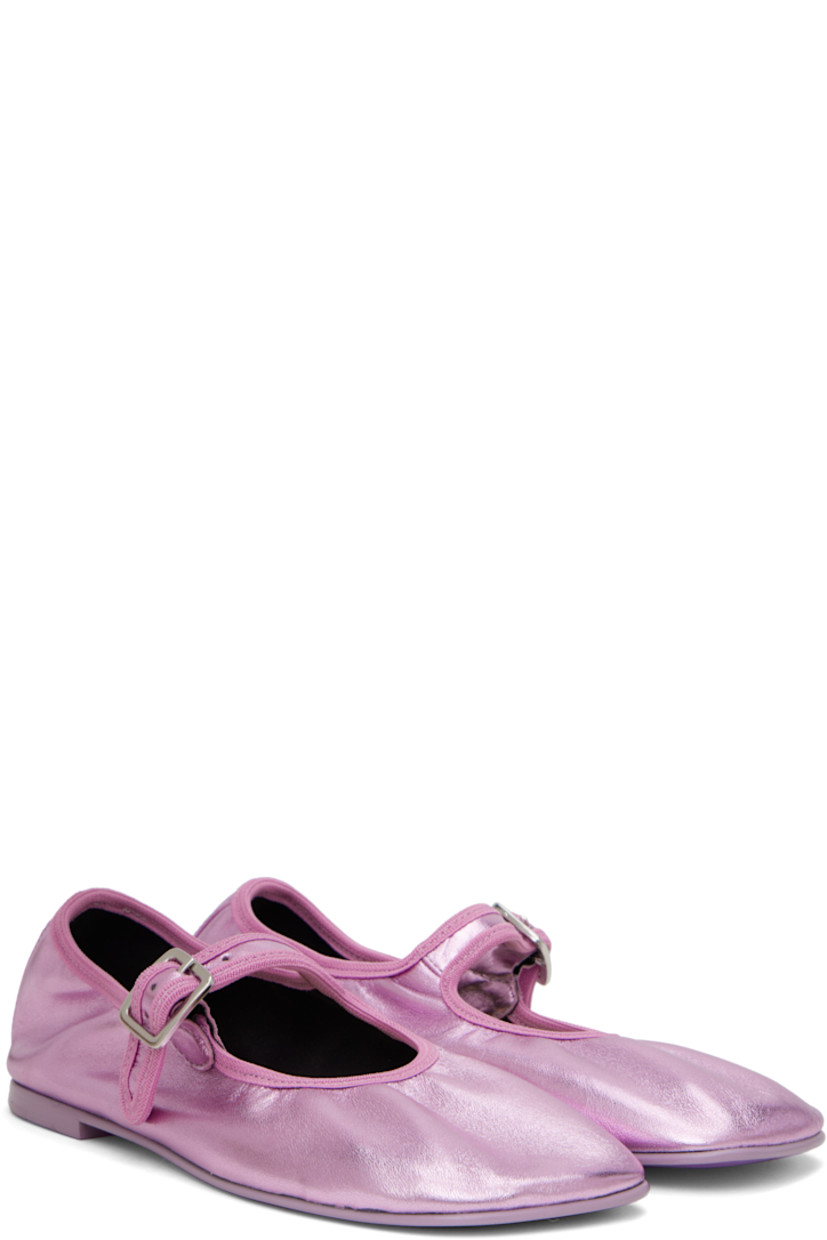 Crinkled nappa leather Mary Jane-style ballerina flats in metallic pink.

· Square toe
· Pin-buckle strap at vamp
· Canvas trim at collar
· Stacked leather heel with rubber injection
· Leather sole

Supplier color: Metallic pink