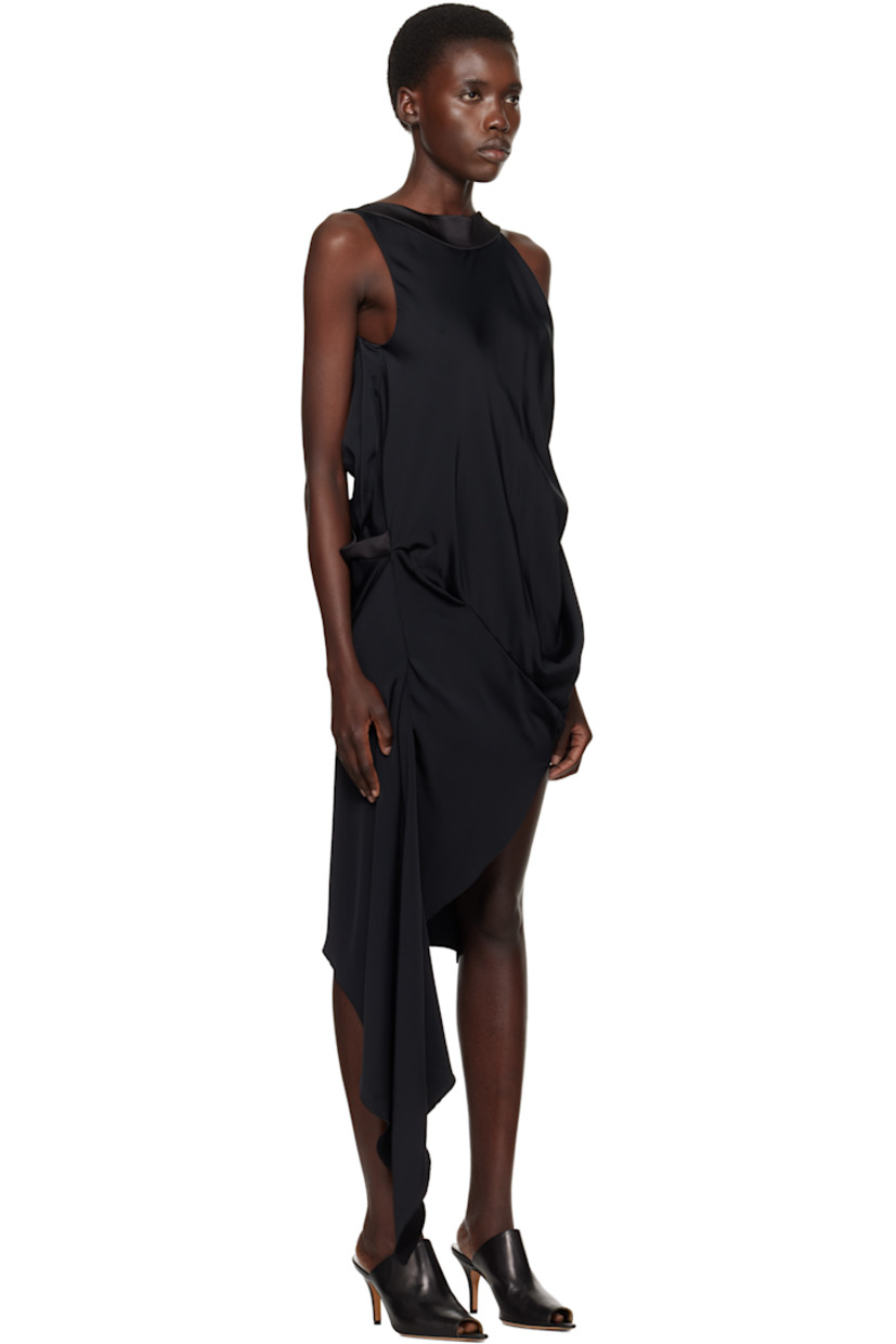 Viscose satin minidress. 

· Asymmetrical construction 
· Boatneck
· Darts and gathering at side seams 
· Open back

Supplier color: Black