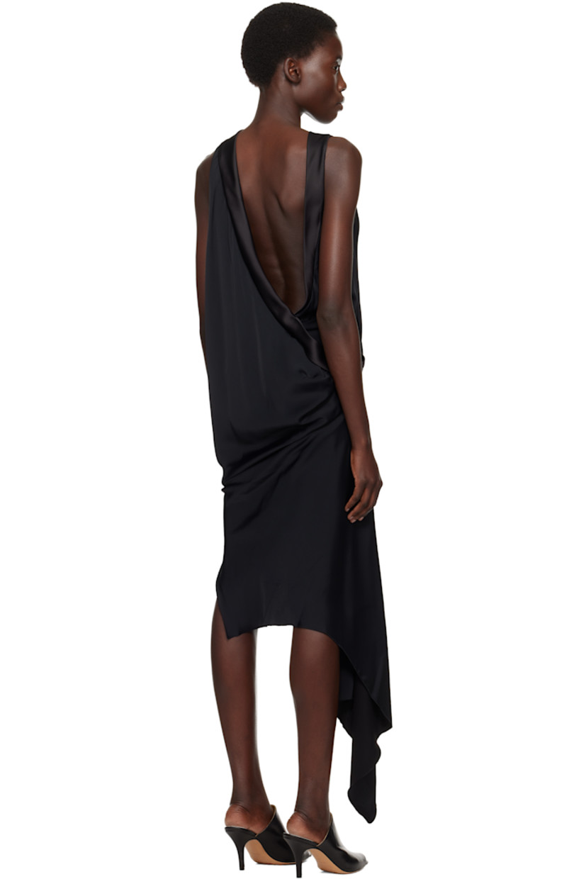 Viscose satin minidress. 

· Asymmetrical construction 
· Boatneck
· Darts and gathering at side seams 
· Open back

Supplier color: Black
