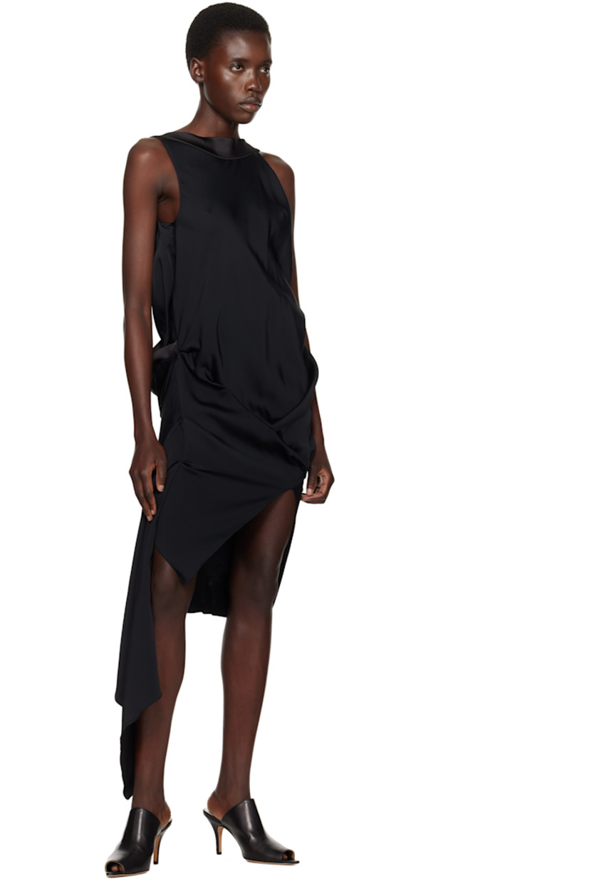 Viscose satin minidress. 

· Asymmetrical construction 
· Boatneck
· Darts and gathering at side seams 
· Open back

Supplier color: Black