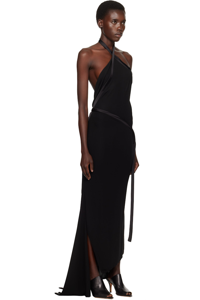 Viscose crêpe maxi dress. Satin trim throughout.

· Asymmetrical and paneled construction 
· Adjustable buttoned halter straps
· Extended straps 
· Vented handkerchief hem 

Supplier color: Black