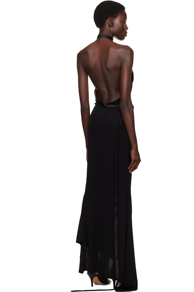 Viscose crêpe maxi dress. Satin trim throughout.

· Asymmetrical and paneled construction 
· Adjustable buttoned halter straps
· Extended straps 
· Vented handkerchief hem 

Supplier color: Black