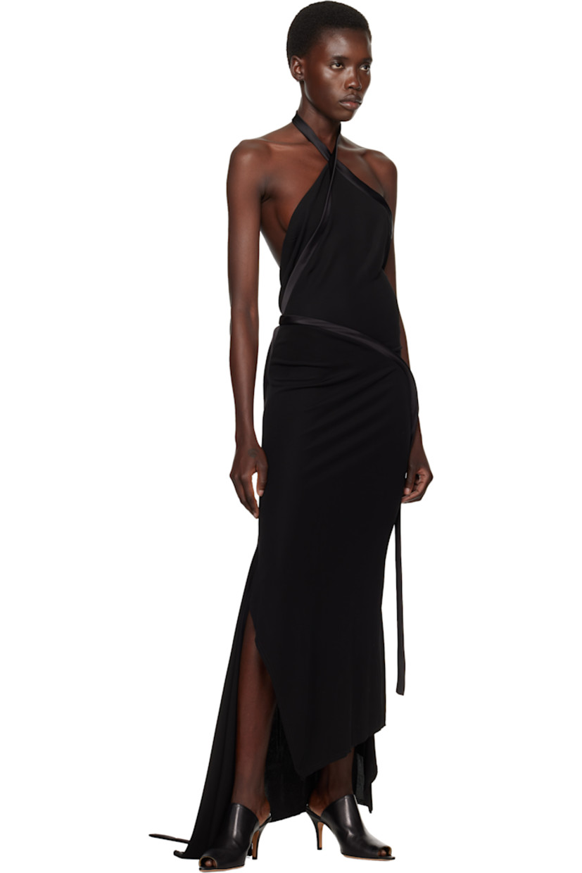 Viscose crêpe maxi dress. Satin trim throughout.

· Asymmetrical and paneled construction 
· Adjustable buttoned halter straps
· Extended straps 
· Vented handkerchief hem 

Supplier color: Black
