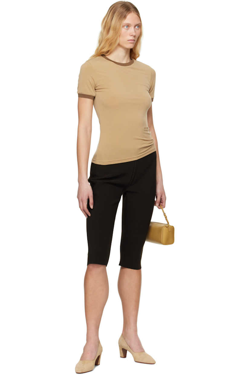Stretch polyester crêpe jersey T-shirt. 

· Rib-knit crewneck and cuffs
· Logo embroidered at front

Supplier color: Caramel