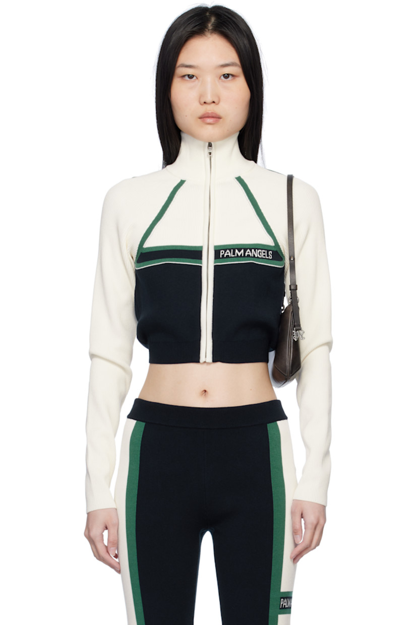 Rib-knit viscose-blend jacket.

· Turtleneck
· Zip closure
· Jacquard logo at chest
· Cropped hem
· Raglan sleeves

Supplier color: Navy blue/Off white