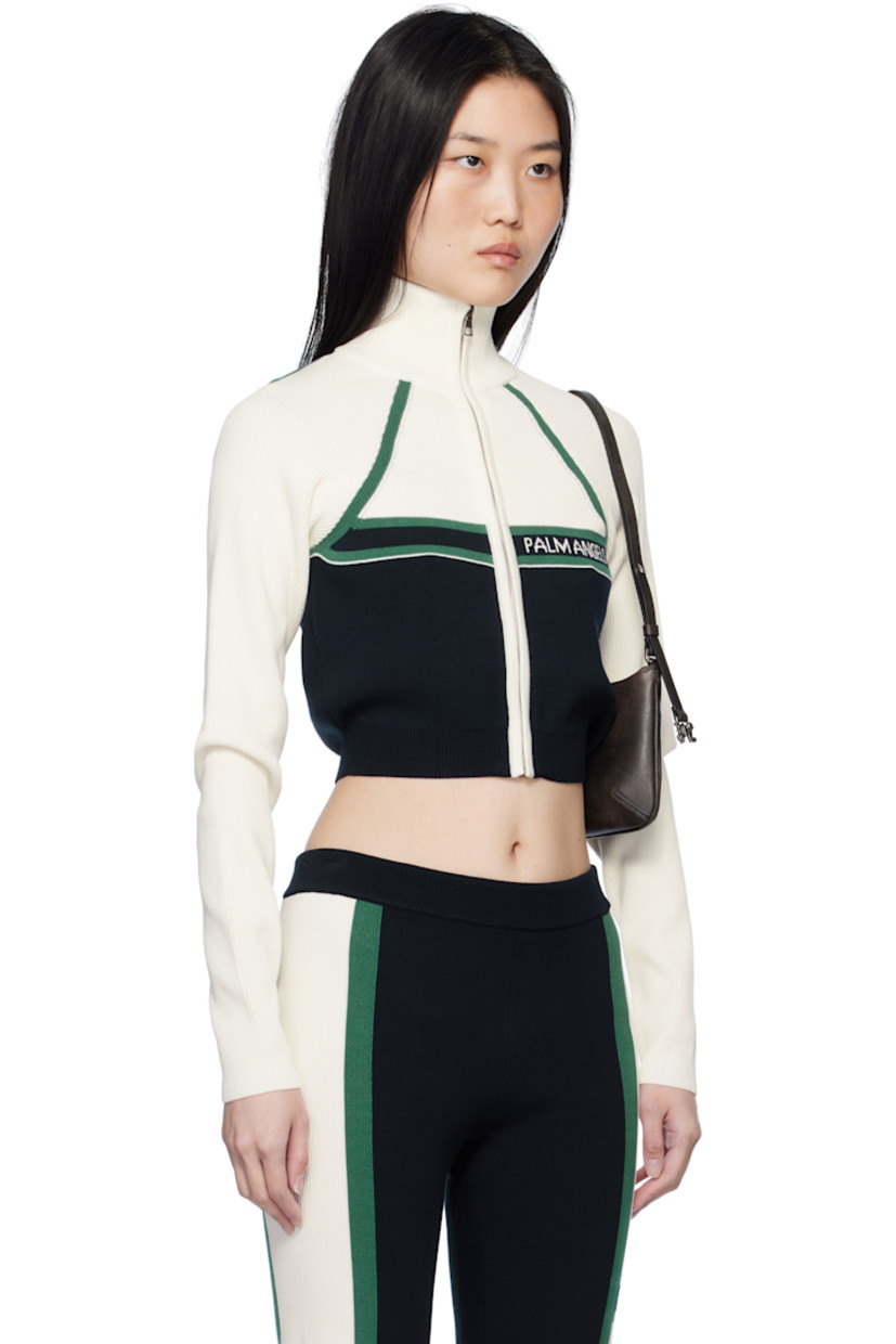 Rib-knit viscose-blend jacket.

· Turtleneck
· Zip closure
· Jacquard logo at chest
· Cropped hem
· Raglan sleeves

Supplier color: Navy blue/Off white