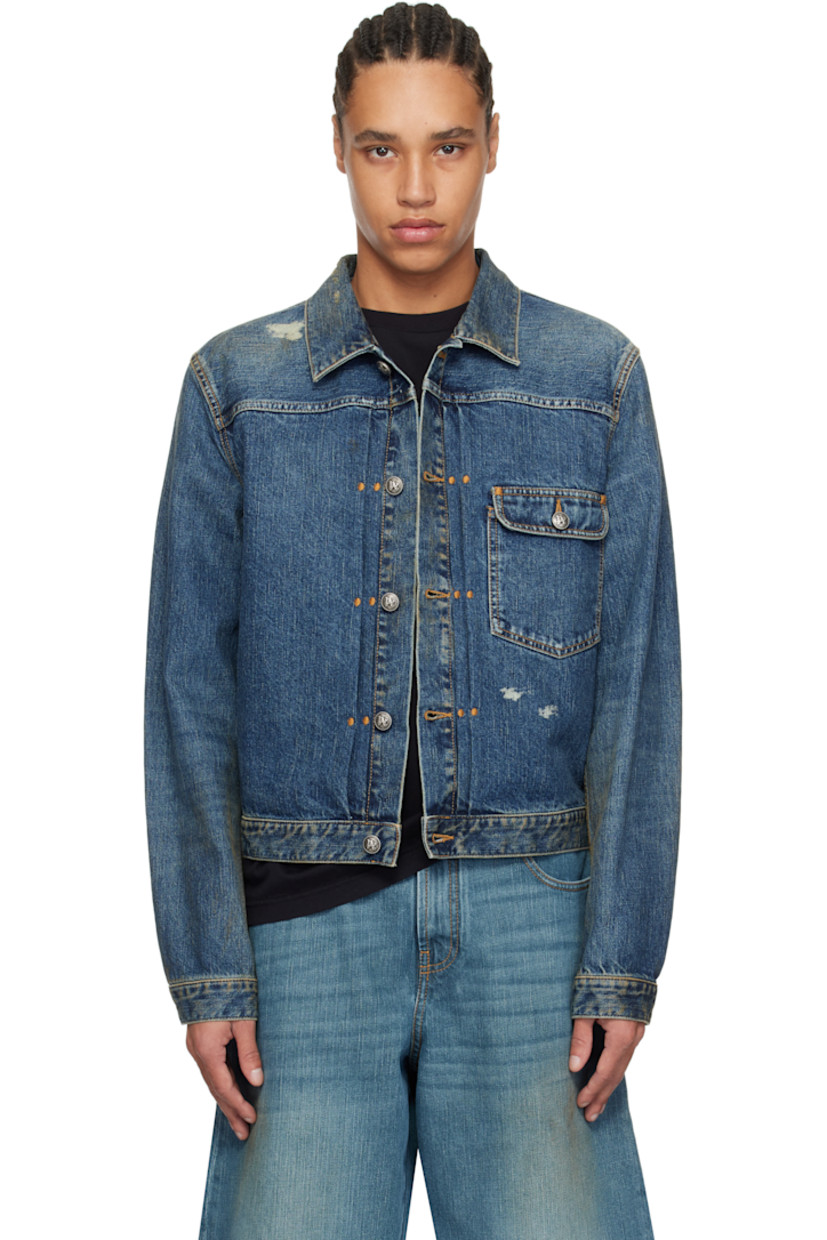 Non-stretch denim jacket. Fading, discoloration, and subtle distressing throughout. 

· Spread collar
· Button closure
· Flap pocket
· Single-button barrel cuffs
· Twin pleats at back yoke
· Logo printed at back
· Cinch tab at back waistband
· Logo-engraved antiqued silver-tone hardware
· Contrast stitching in tan

Supplier color: Blue/Light blue