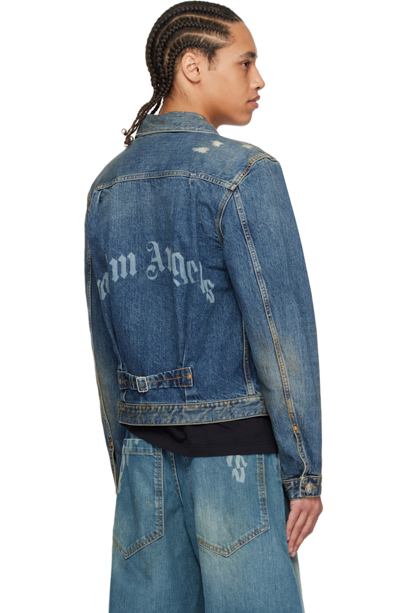Non-stretch denim jacket. Fading, discoloration, and subtle distressing throughout. 

· Spread collar
· Button closure
· Flap pocket
· Single-button barrel cuffs
· Twin pleats at back yoke
· Logo printed at back
· Cinch tab at back waistband
· Logo-engraved antiqued silver-tone hardware
· Contrast stitching in tan

Supplier color: Blue/Light blue