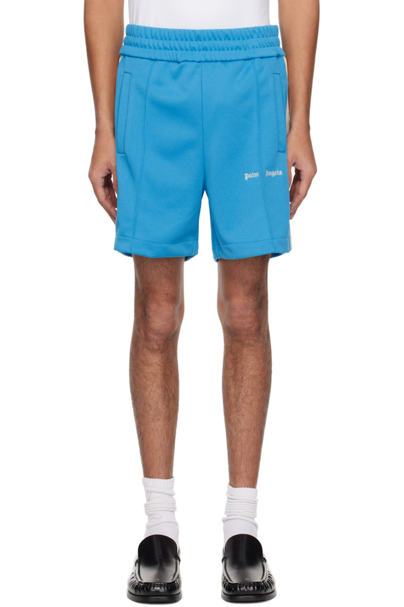 Polyester jersey shorts. 

· Elasticized waistband
· Two-pocket styling
· Pinched seam at legs
· Embroidered logo at leg
· Striped trim at outseams 

Supplier color: Light blue/Off white
