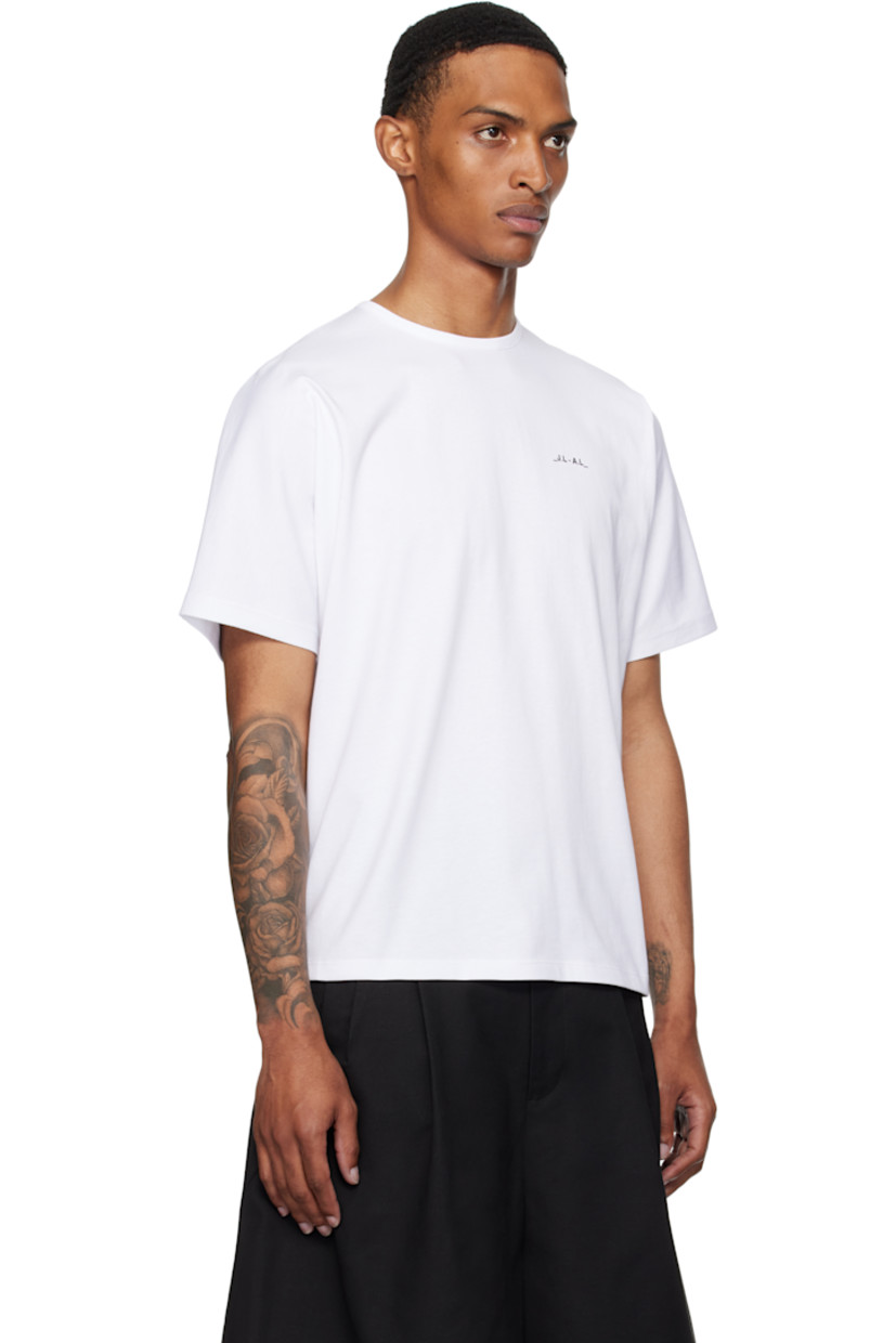 Cotton jersey T-shirt.

· Rib-knit crewneck
· Logo printed at chest and back
· Dolman sleeves
· Straight collar at back
· Paneled seam at length of back

Supplier color: White