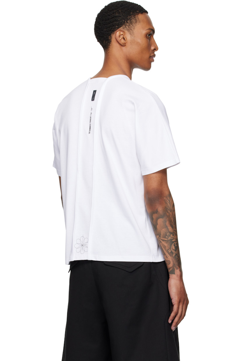 Cotton jersey T-shirt.

· Rib-knit crewneck
· Logo printed at chest and back
· Dolman sleeves
· Straight collar at back
· Paneled seam at length of back

Supplier color: White
