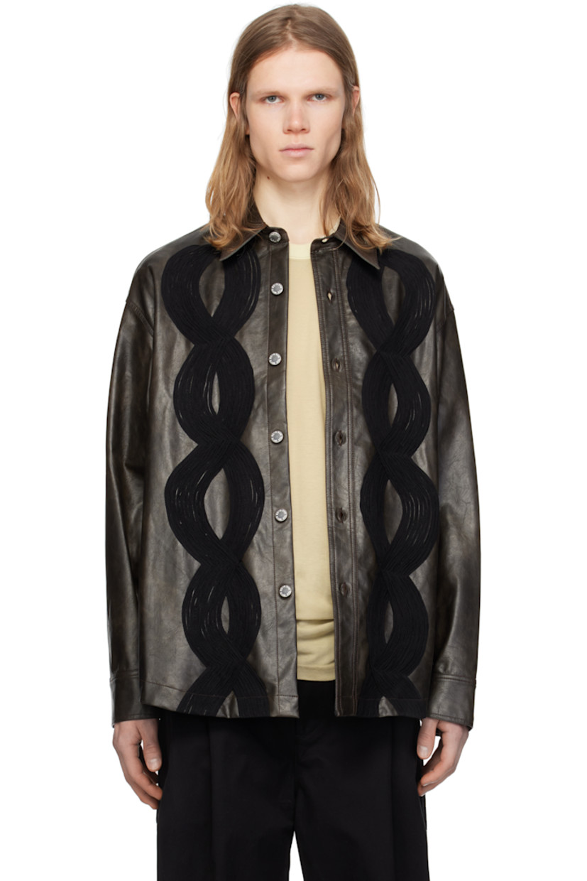 Oversized grained faux-leather overshirt. 

· Spread collar
· Button closure
· Hand-embroidered appliqués at front
· Seam pockets
· Dropped shoulders
· Single-button barrel cuffs
· Logo-engraved silver-tone hardware

Supplier color: Dark brown