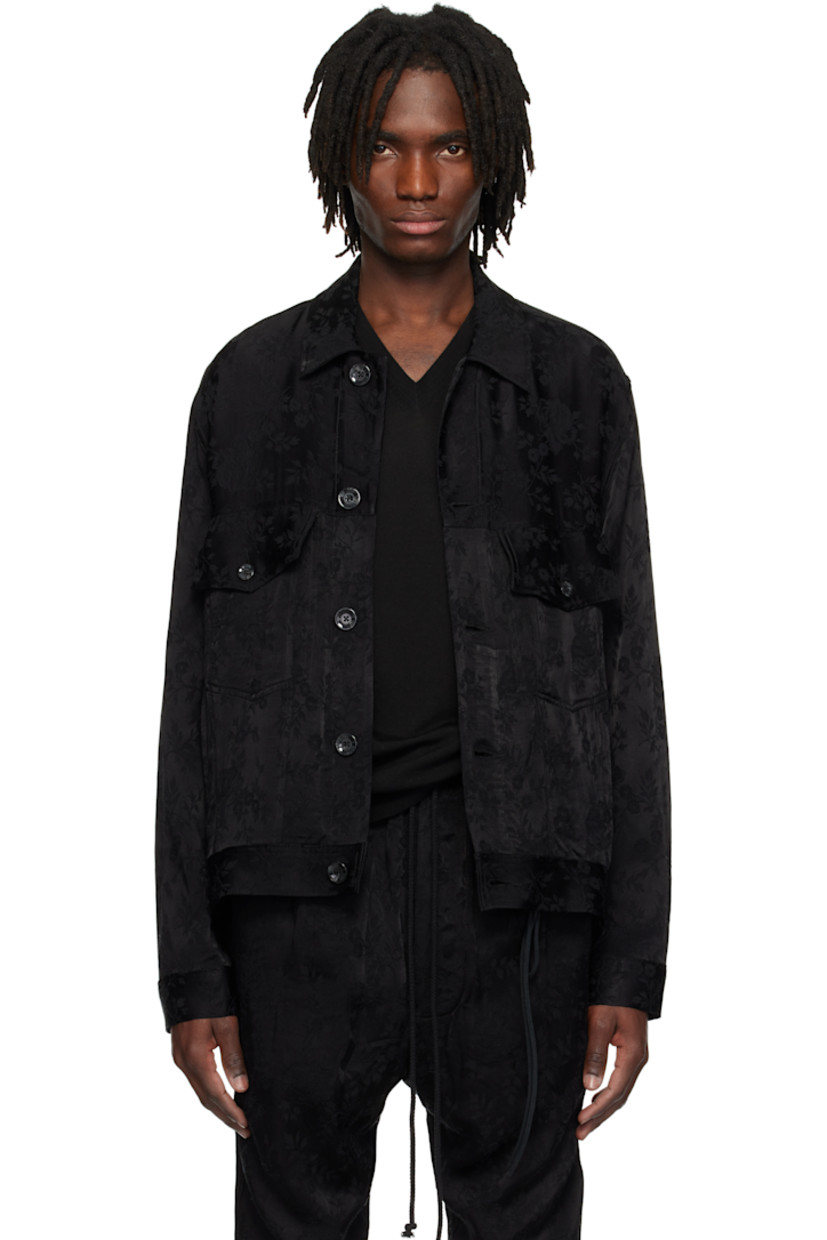 Lightweight plain-woven rayon- and linen-blend jacket. Jacquard floral pattern throughout. 

· Spread collar
· Button closure
· Flap pockets
· Welt pockets
· Buttoned barrel cuffs
· Adjustable button tabs at back hem

Supplier color: Black