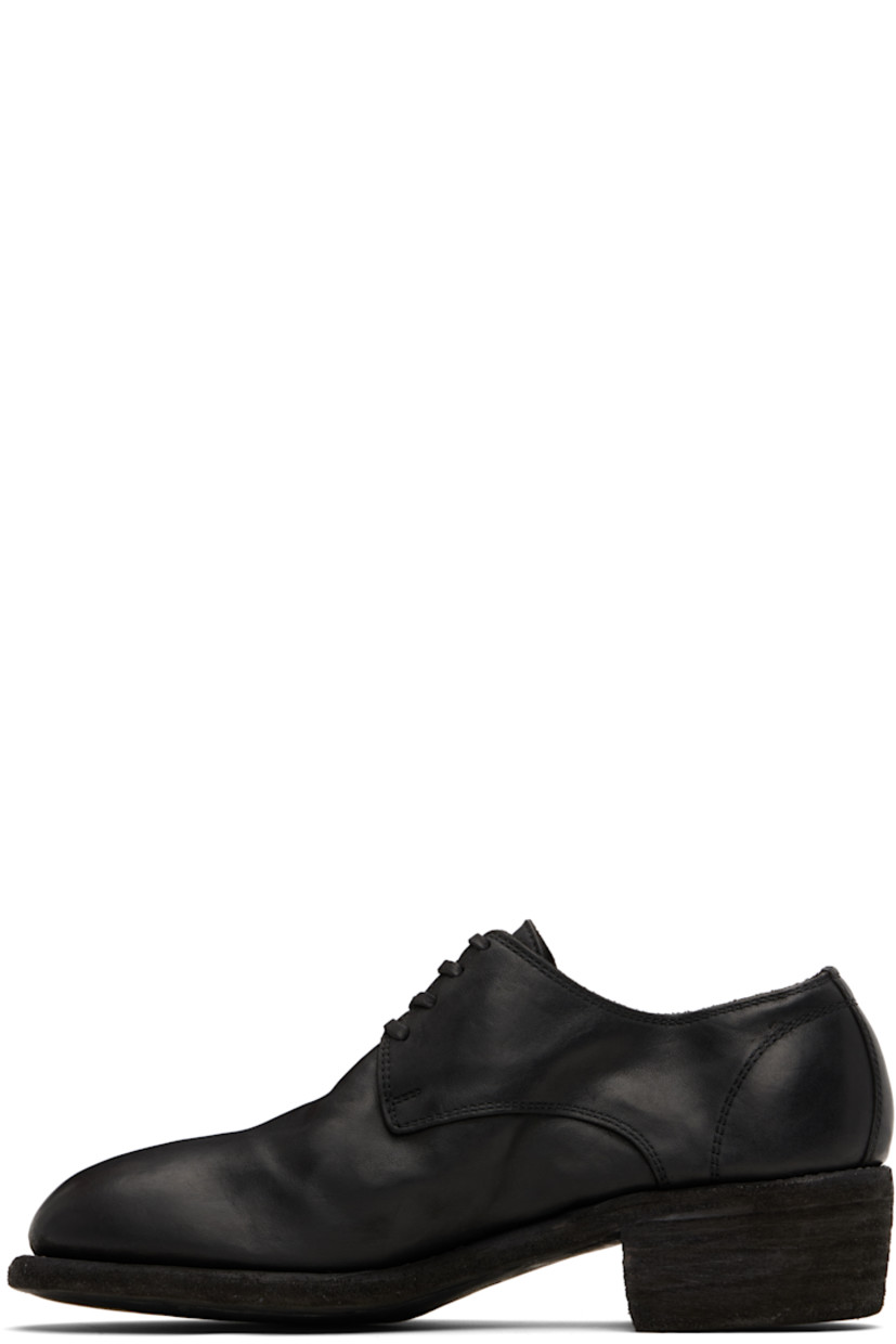 Piece-dyed grained kangaroo leather derbys. 

· Lace-up closure
· Grained leather lining
· Topstitching at Goodyear welt 
· Stacked leather heel
· Leather sole
· Heel: H1.75"

Supplier color: Black