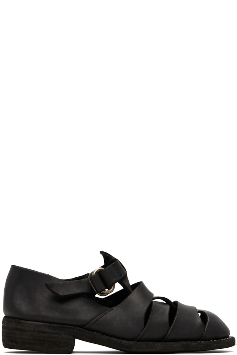 Grained leather flat sandals. 

· Cutouts throughout
· Pin-buckle ankle strap
· Logo embossed at footbed
· Topstitching at welt
· Stacked leather heel 
· Leather sole

Supplier color: Black