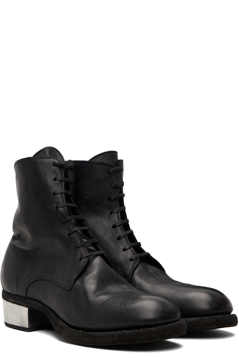 Ankle-high piece-dyed grained horse leather boots. 

· Lace-up closure
· Full nubuck lining
· Topstitching at Goodyear welt
· Metal block heel 
· Leather sole 
· Heel: H1.75"

Supplier color: Black