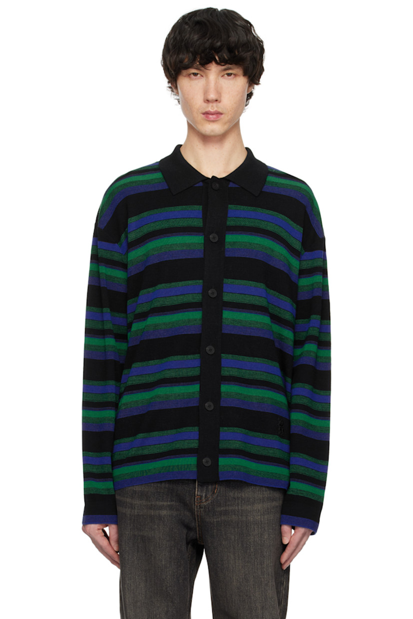 Knit wool cardigan. Stripes throughout.

· Spread collar
· Button closure
· Vented side seams
· Dropped shoulders
· Logo hardware at back collar

Supplier color: Fresh green