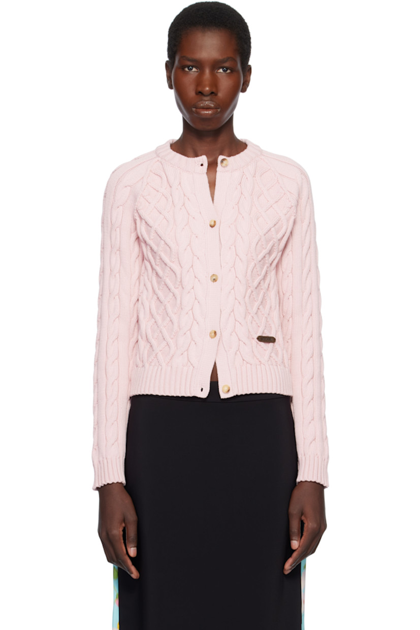Cable-knit organic cotton-blend cardigan.

· Rib-knit crewneck, hem, and cuffs
· Button closure
· Leather logo patch at front
· Raglan sleeves
· Cutout at back

Supplier color: Pale pink