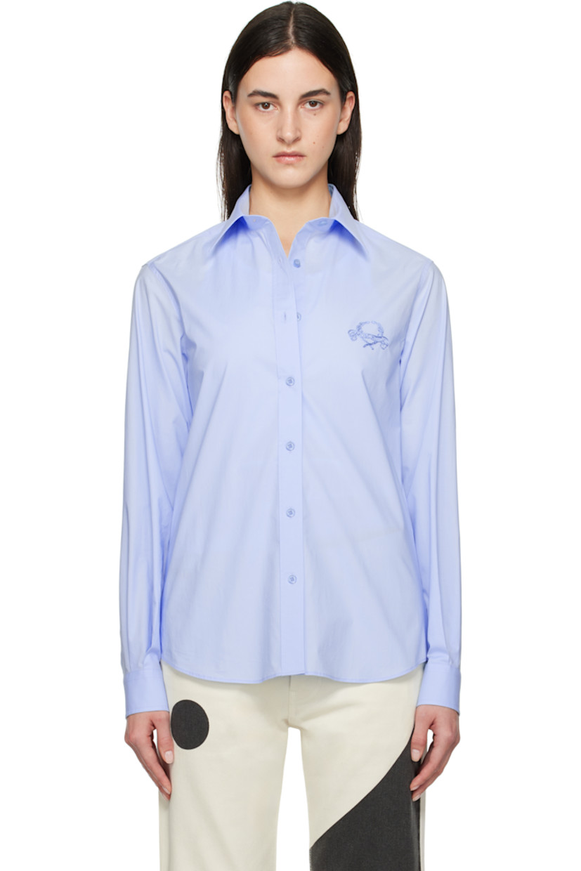 Stretch cotton poplin shirt.

· Spread collar
· Button closure
· Logo graphic embroidered at chest
· Shirttail hem
· Pleats at single-button barrel cuffs

Supplier color: Multi light blue