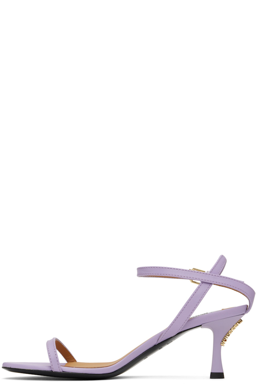 Buffed calfskin heeled sandals in purple.

· Straps at vamp
· Pin-buckle ankle strap
· Logo hardware at heel
· Logo patch at padded leather footbed
· Covered kitten heel with rubber injection
· Polished leather sole
· Heel: H2.5"

Supplier color: Lilac
