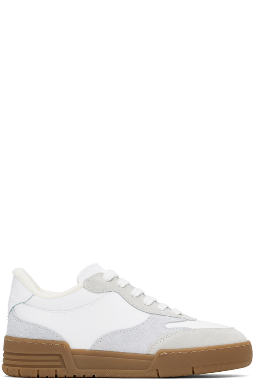 Low-top buffed calfskin and suede sneakers in white and gray.

· Lace-up closure
· Logo embossed at padded tongue 
· Padded collar
· Logo embossed at heel tab
· Terrycloth lining
· Treaded rubber sole

Supplier color: White/White/White