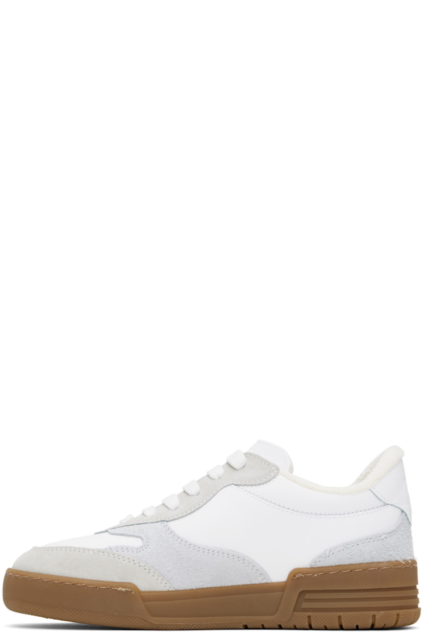 Low-top buffed calfskin and suede sneakers in white and gray.

· Lace-up closure
· Logo embossed at padded tongue 
· Padded collar
· Logo embossed at heel tab
· Terrycloth lining
· Treaded rubber sole

Supplier color: White/White/White