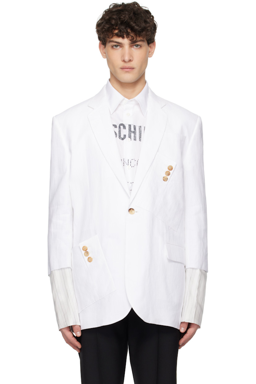 Plain-woven linen blazer.

· Layered construction
· Notched lapel
· Button closure
· Flap pocket and patch pockets
· Raw edge at sleeves
· Stripes at cuffs
· Central vent at back hem
· Welt pockets at interior

Supplier color: Multi white