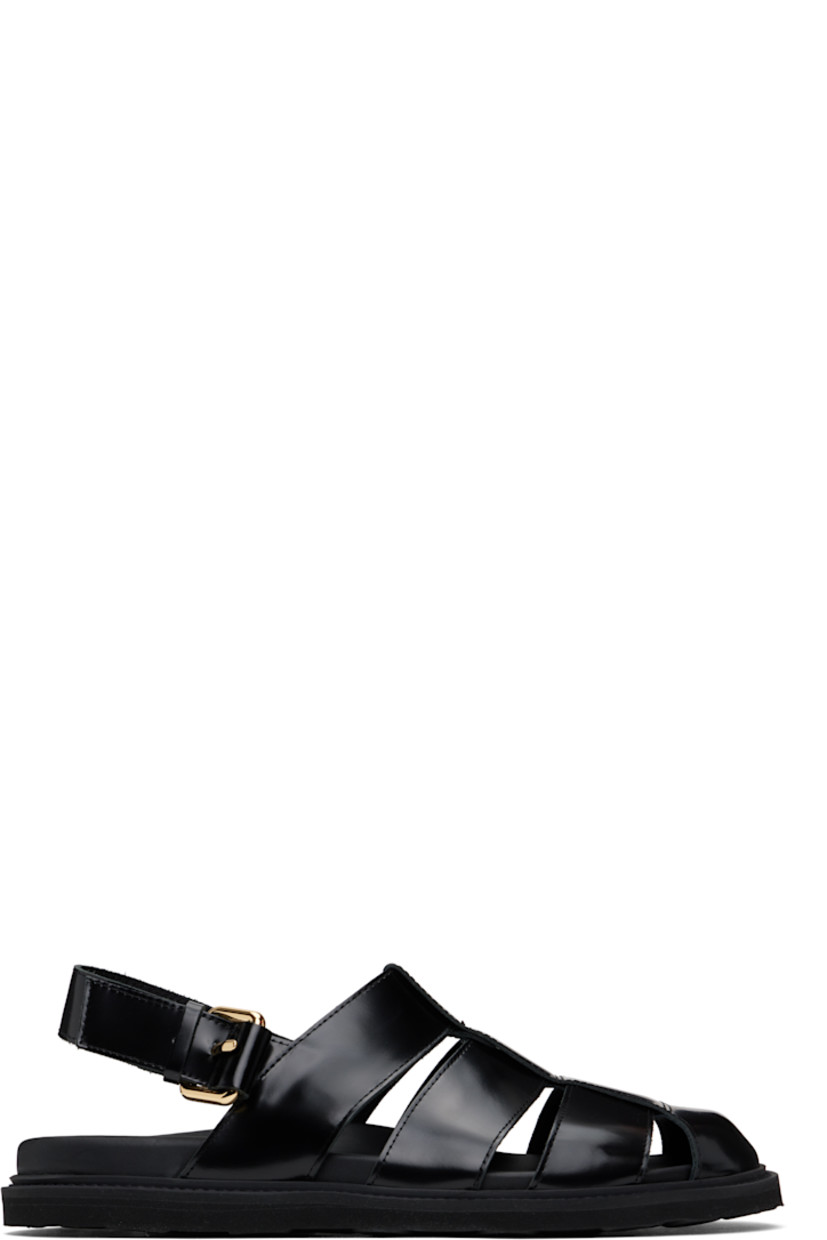Polished calfskin sandals in black.

· Closed toe
· Pin-buckle ankle strap
· Logo stamp at molded footbed
· Grained calfskin lining
· Treaded rubber sole

Supplier color: Black