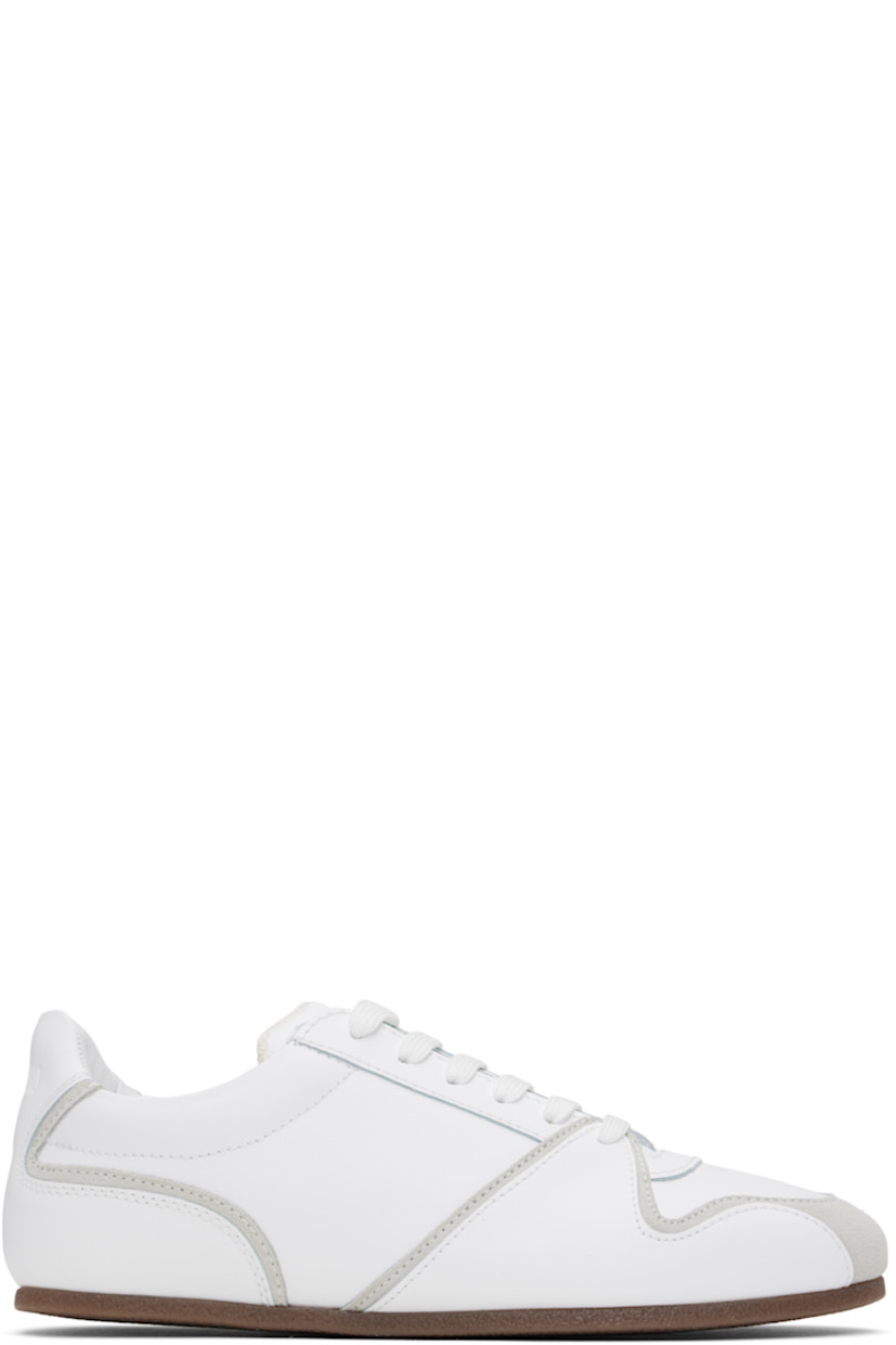 Low-top buffed calfskin and suede sneakers in white.

· Lace-up closure
· Logo embossed at padded tongue 
· Padded collar
· Logo embossed at heel tab
· Terrycloth lining
· Crêpe rubber sole

Supplier color: White/White