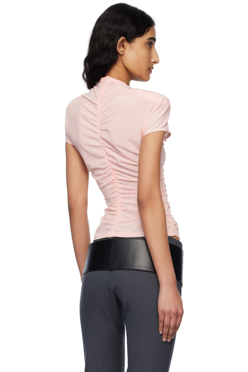 Sheer stretch nylon mesh top. Ruching throughout.

· Crewneck
· Hand-stitched floral appliqués with beaded detailing at chest
· Ruffled trim at front
· Padded shoulders
· Concealed zip closure at back
· Unlined

Supplier color: Pink