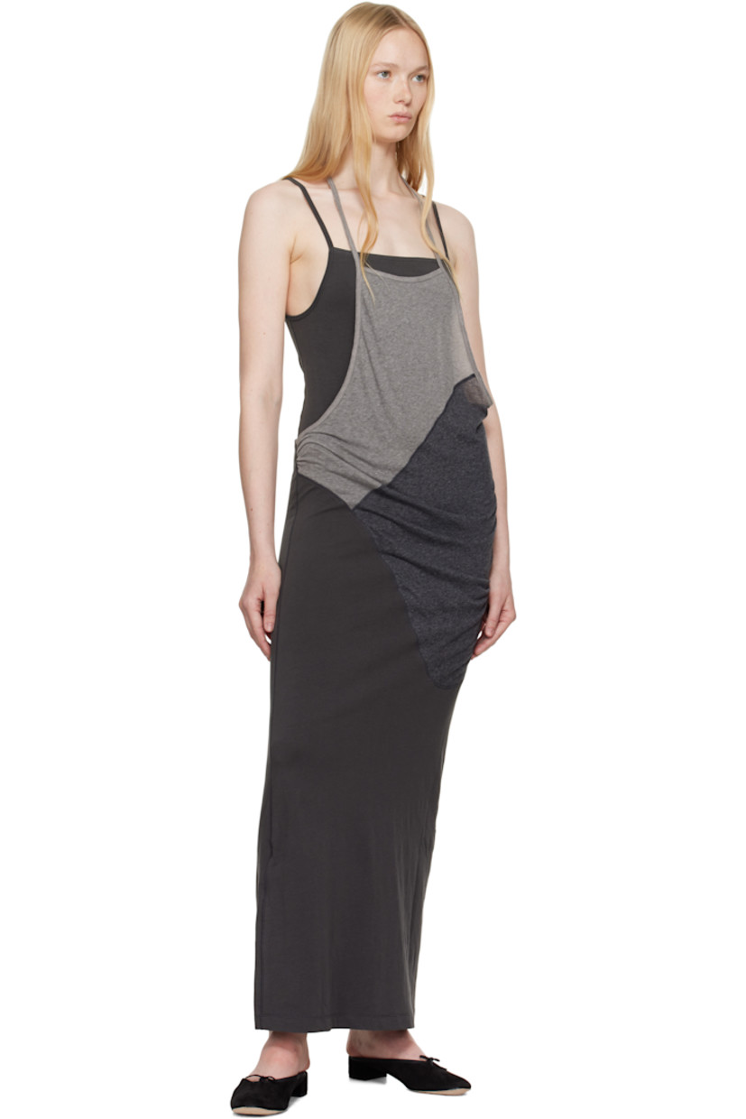 Cotton-blend jersey maxi dress. 

· Layered construction
· Square neck
· Draping at overlay
· Fixed halter strap and adjustable spaghetti straps
· Concealed zip vent at back hem

Supplier color: Charcoal