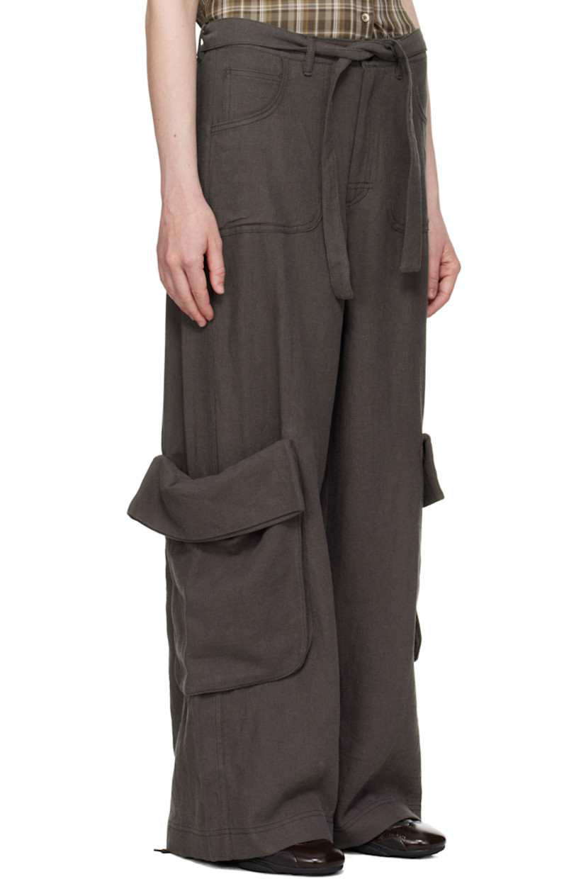 Linen-blend hopsack cargo pants. 

· Belt loops and integrated self-tie belt
· Five-pocket styling
· Zip fly
· Patch and bellows pocket at outseams

Supplier color: Charcoal