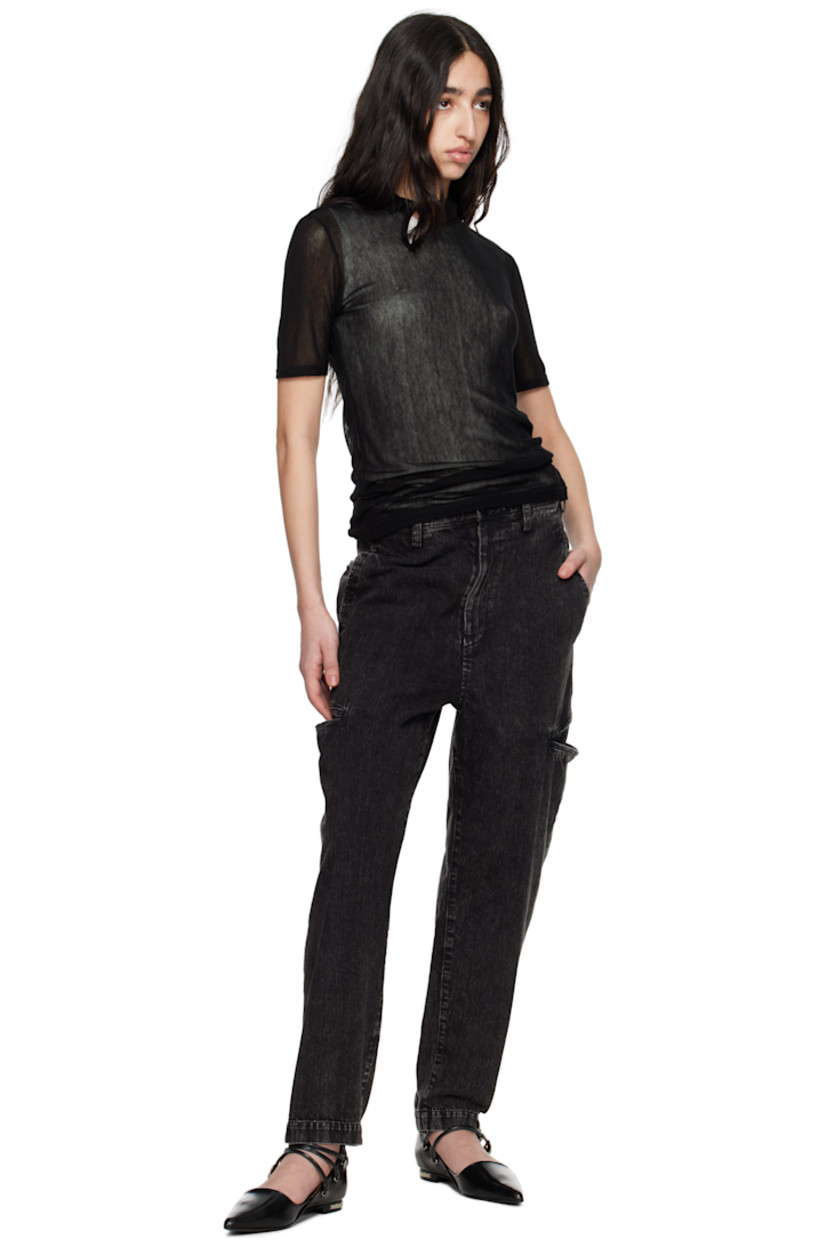 Tapered 8 oz non-stretch denim jeans. Fading and whiskering throughout. 

· Belt loops
· Three-pocket styling
· Zip fly
· Welt pocket at outseams 
· Cinch tabs at back waistband

Supplier color: Black