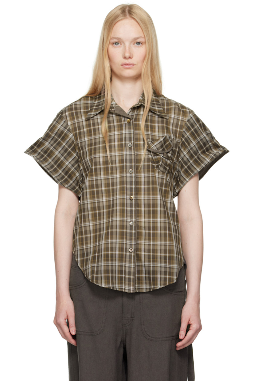Cotton voile shirt. Check pattern throughout. 

�· Spread collar
· Button closure
· Patch pocket at chest
· Shirttail hem
· Concealed pliable wire at cuffs
· Partially lined

Supplier color: Brown
