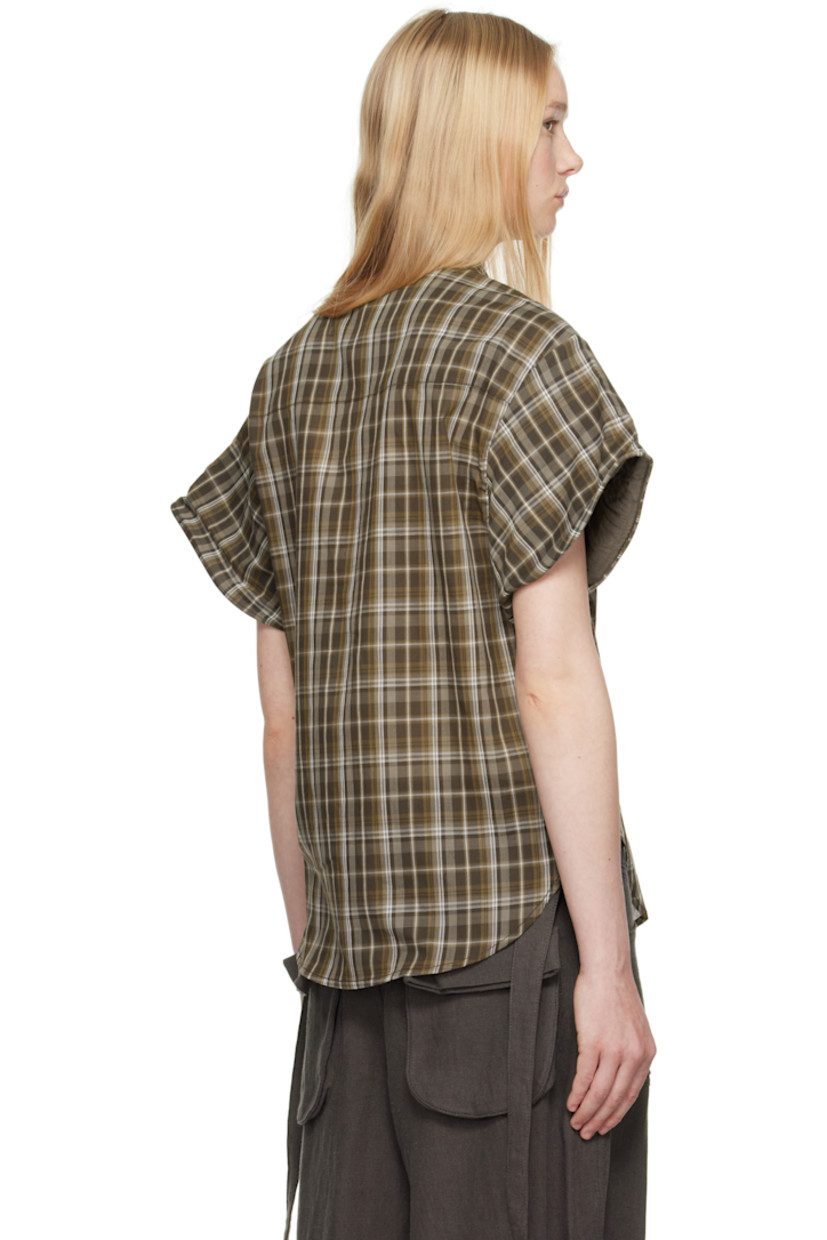 Cotton voile shirt. Check pattern throughout. 

· Spread collar
· Button closure
· Patch pocket at chest
· Shirttail hem
· Concealed pliable wire at cuffs
· Partially lined

Supplier color: Brown
