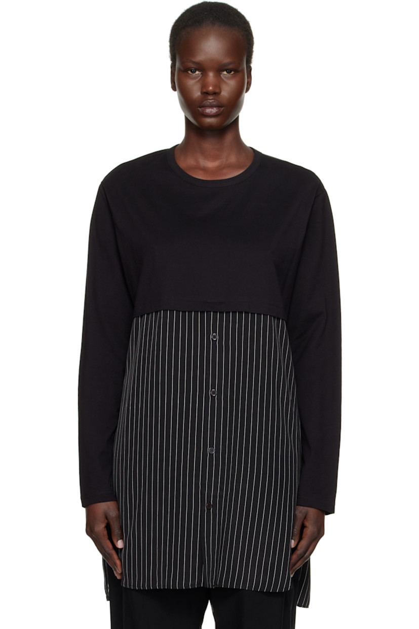 Cotton-blend jersey and polyester sateen T-shirt. Stripes throughout.

· Paneled construction
· Crewneck
· Button closure
· Droptail hem

Supplier color: Black