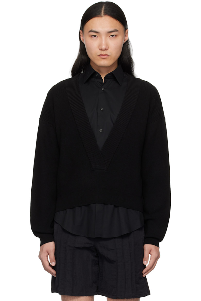 Knit rayon-blend sweater.

· Rib-knit plunging V-neck
· Dropped shoulders

Supplier color: Black
