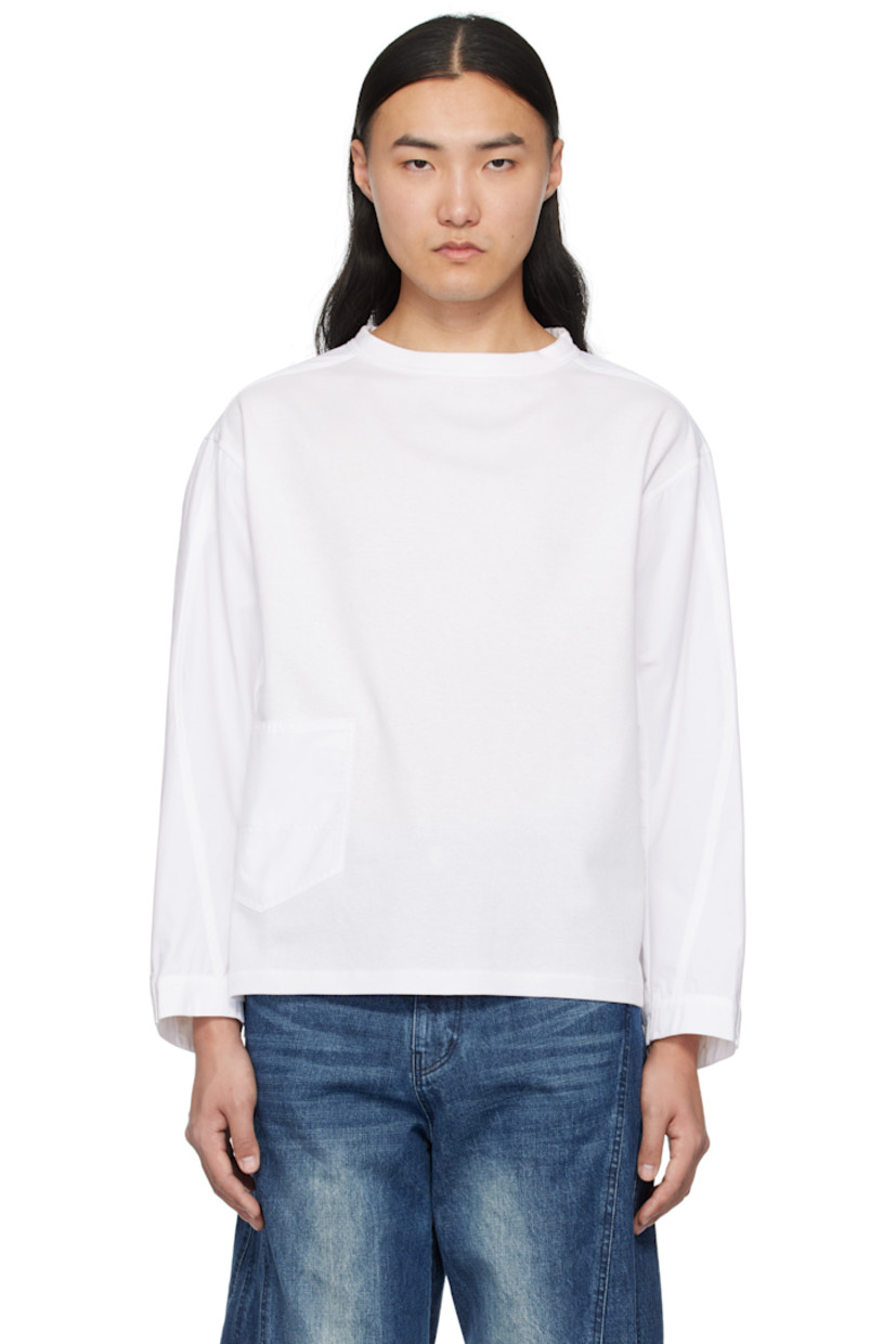 Nylon-blend poplin and cotton-blend jersey T-shirt.

· Paneled construction
· Crewneck
· Patch pocket at front
· Curved seam at sleeves
· Adjustable single-button cuffs
· Locker loop at back collar
· Pleats at back yoke

Supplier color: White
