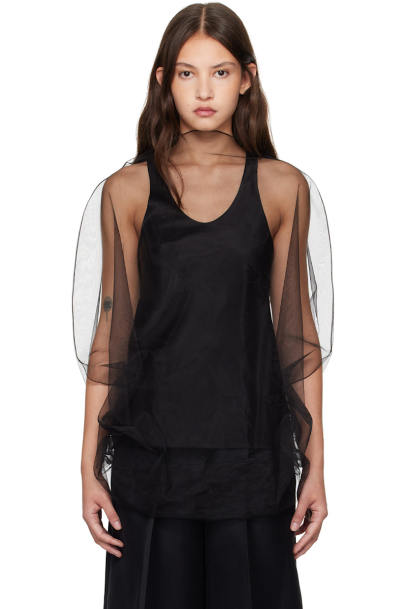 Acetate- and polyester-blend satin tank top. Detachable sheer tulle overlay.

· Scoop neck
· Raw edge at hem
· Racer back

Supplier color: Black