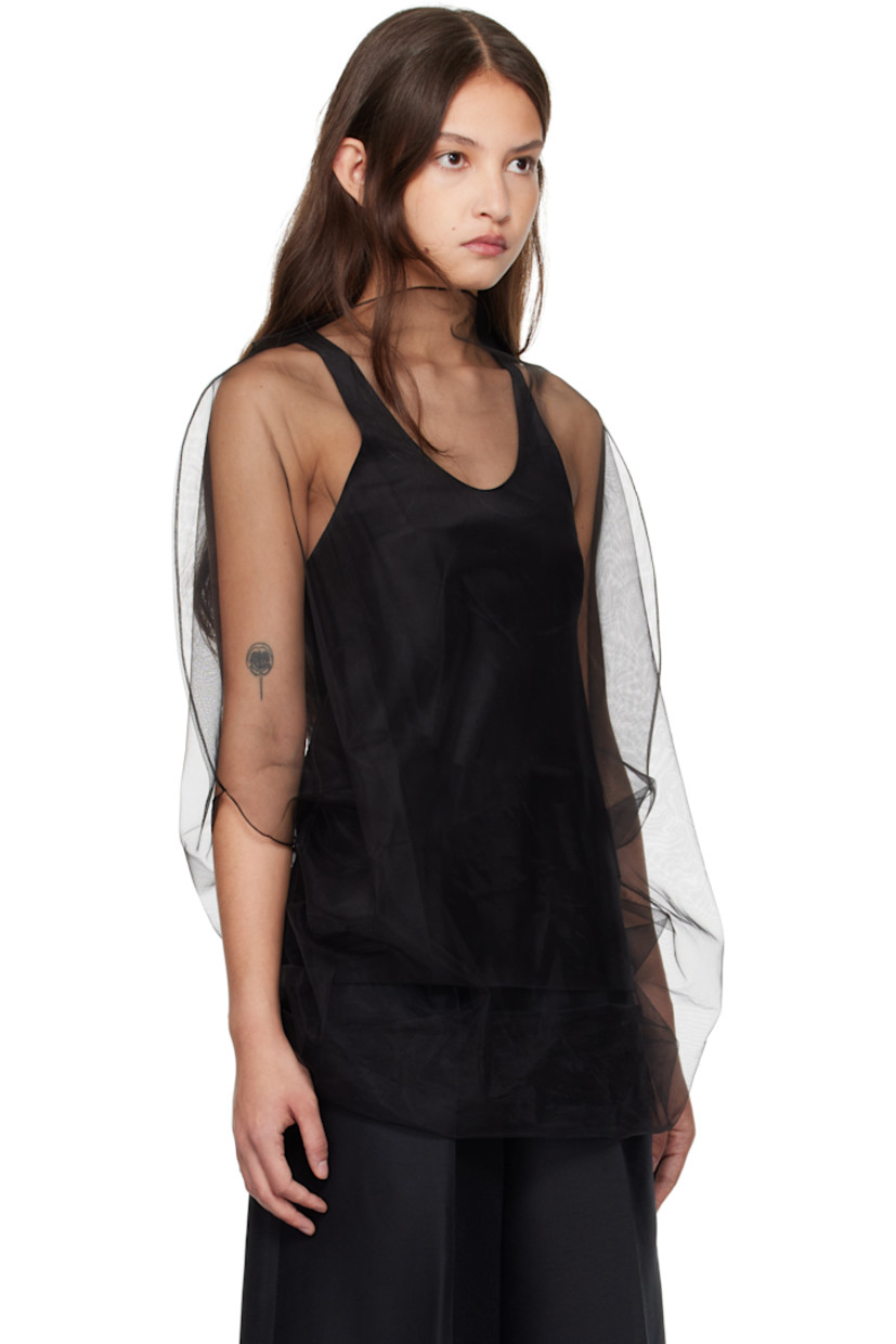 Acetate- and polyester-blend satin tank top. Detachable sheer tulle overlay.

· Scoop neck
· Raw edge at hem
· Racer back

Supplier color: Black
