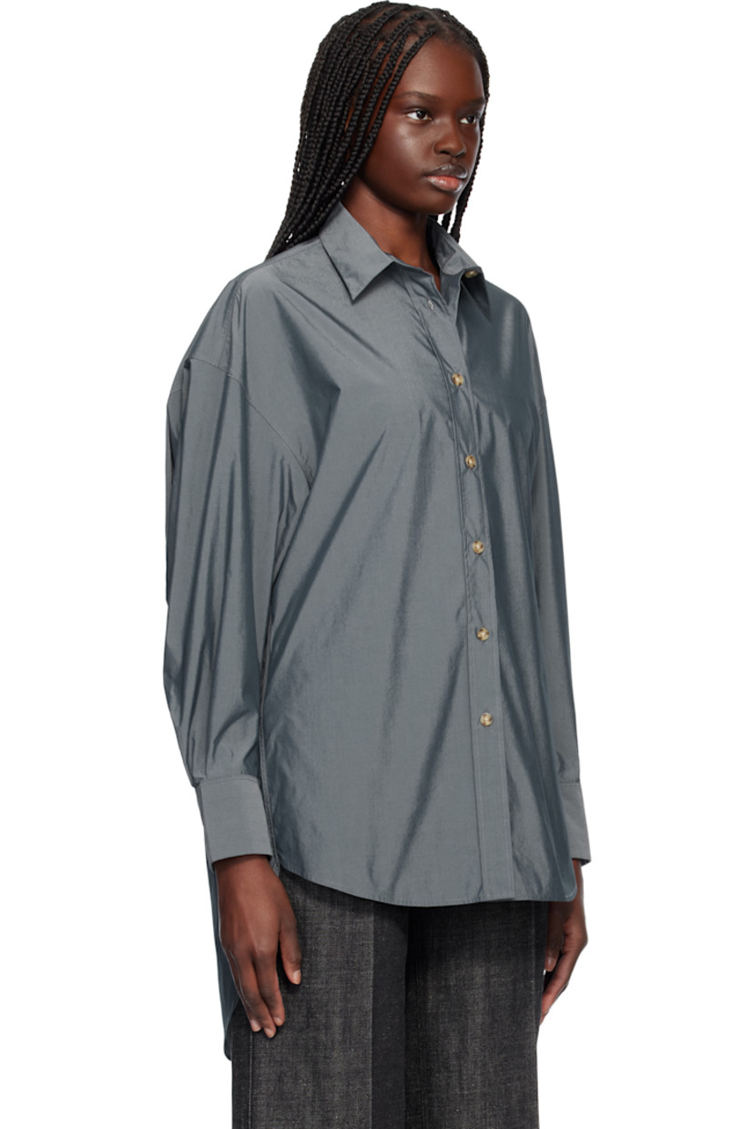 Plain-woven cotton-blend shirt. 

· Spread collar
· Button closure
· Droptail hem
· Dropped shoulders
· Single-button barrel cuffs
· Box pleat at back yoke

Supplier color: Gray