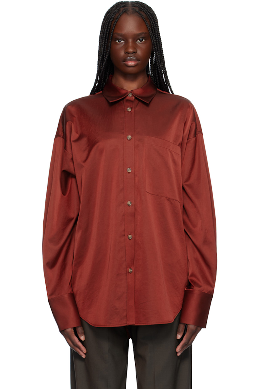 Acetate- and cotton-blend satin shirt. 

· Spread collar
· Button closure
· Patch pocket
· Shirttail hem
· Dropped shoulders
· Two-button barrel cuffs
· Twin pleats at back yoke

Supplier color: Red