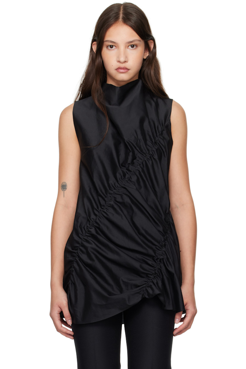 Polyester- and silk-blend taffeta tank top. Draping and gathering throughout. 

· Asymmetric construction
· Mock neck
· Flared hem
· Concealed zip closure at back

Supplier color: Black